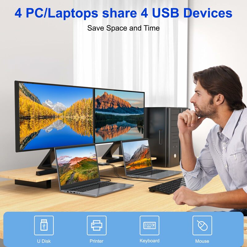 USB مفتاح تحديد لوحة المفاتيح والماوس ، مشاركة 4 أجهزة كمبيوتر ، متوافق مع Mac Windows و Linux ، 4 منافذ