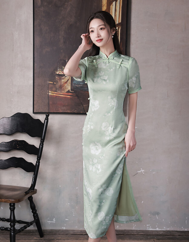 Elegante estampa floral verde cheongsam para mulheres, vestido fino tradicional chinês, sexy high split qipao