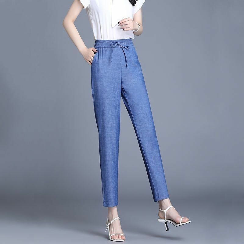 2024 Summer New Women's Solid Color Thin Jeans Korean Elastic High Waist Drawstring Pockets Loose Straight Harun Casual Pants