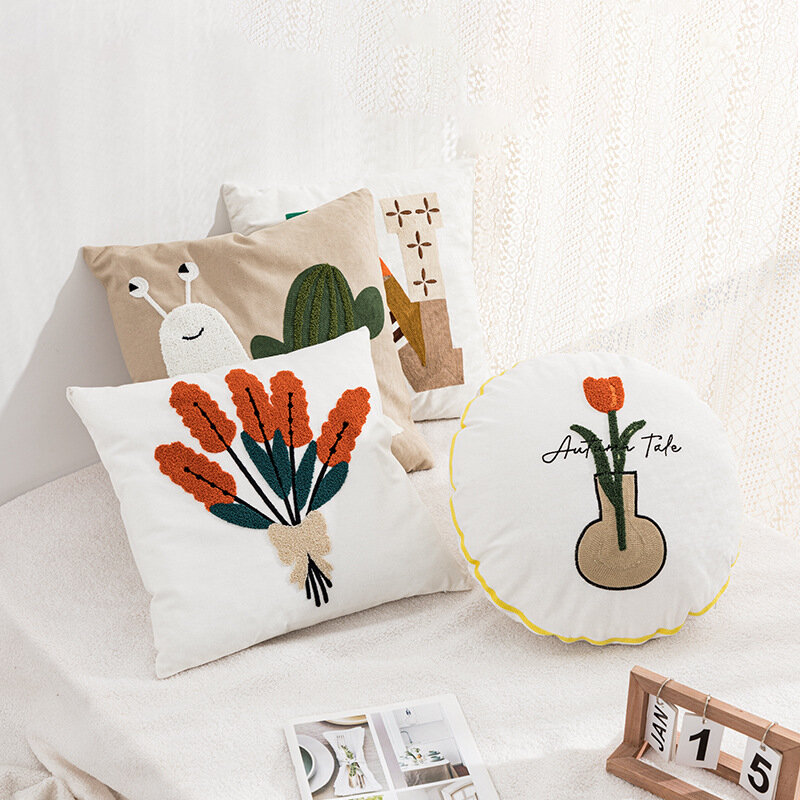 Tulip Flower Snail Embroidery Pillowcase Cushion Cover Casual Case Sofa Bedroom Decor Car Outdoor Cotton