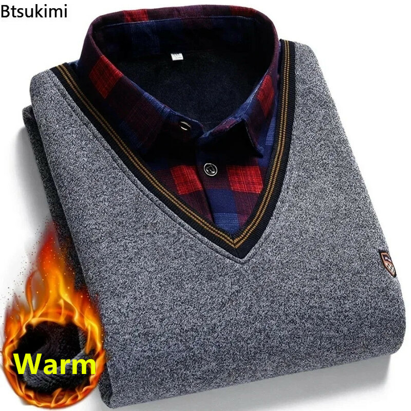 2024 Men's Warm Fleece Sweaters Fashion Shirt-neck Plaid Solid Thicker Casual Shirts High Quality Autumn Winter Sweater for Men