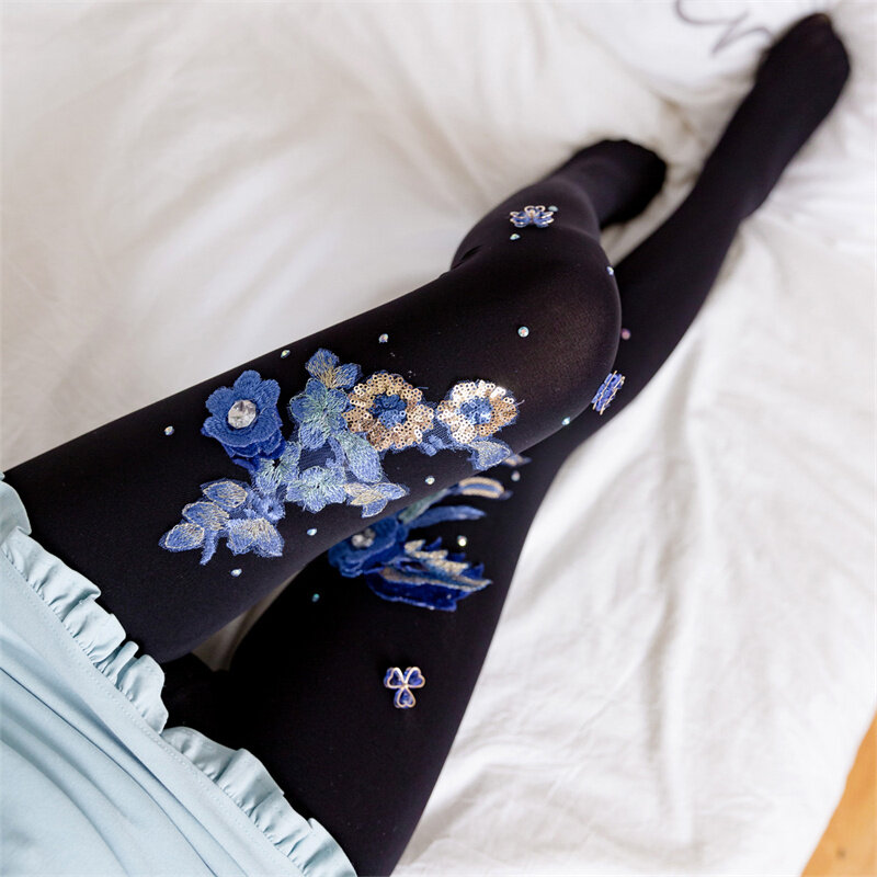 Sexy Women Lady Opaque Pantyhose Silk Stockings Thin Party Dress Embroidery Flowers Style Bluelover Pattern Tights Transparent