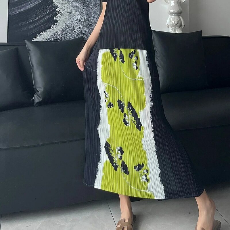 Miyake-Saia casual plissada feminina, meia saia estética gradiente, elástica na cintura, estampa original de borboleta, elegante, verão, 2022