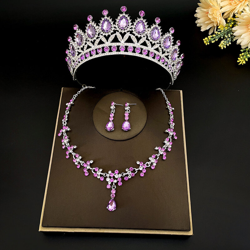 Conjunto de joyería nupcial de cristal barroco para mujer, Tiaras de diamantes de imitación, corona, collar, pendientes para novia, conjunto de joyería de boda, regalo, 3 piezas por juego