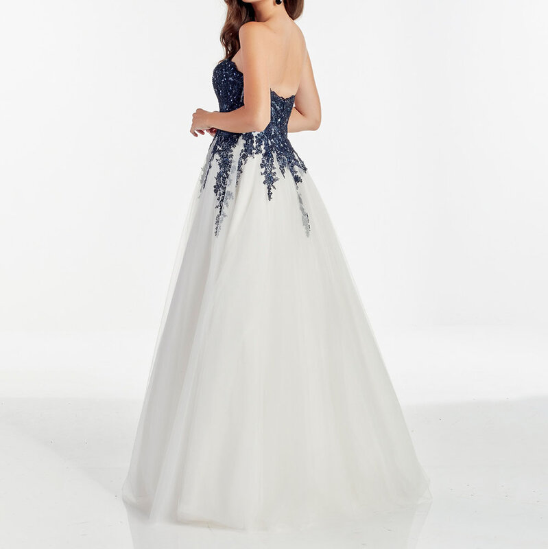 Strapless Tulle Lace Prom Dress, A-Line Evening Gown, sem mangas, querida Appliqued, comprimento do assoalho plissado