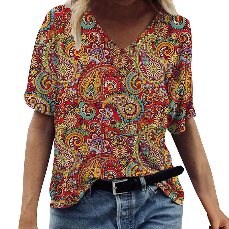 Vintage Print Top Frauen kurz ärmel ige Streetwear Sommer T-Shirt Damenmode lässig V-Ausschnitt T-Shirts y2k übergroße Damen bekleidung