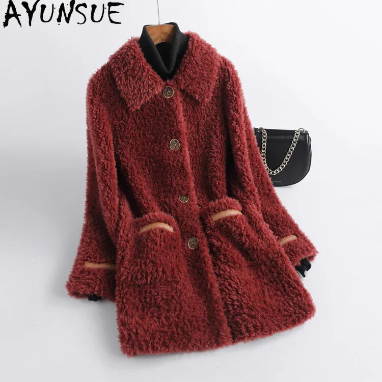 AYUNSUE-Manteau de fourrure à boutonnage simple pour femme, veste de tonte de mouton élégante, combinaison de laine, décontracté, automne, hiver, nouveau, 100%, 2024
