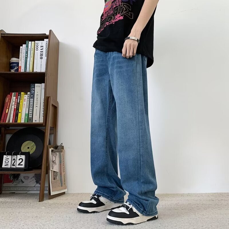 سراويل جينز واسعة الساق للرجال ، جينز مستقيم فضفاض صالح ، ملابس الشارع الزرقاء الرجعية ، أزياء جيوب الملابس ، الصيف