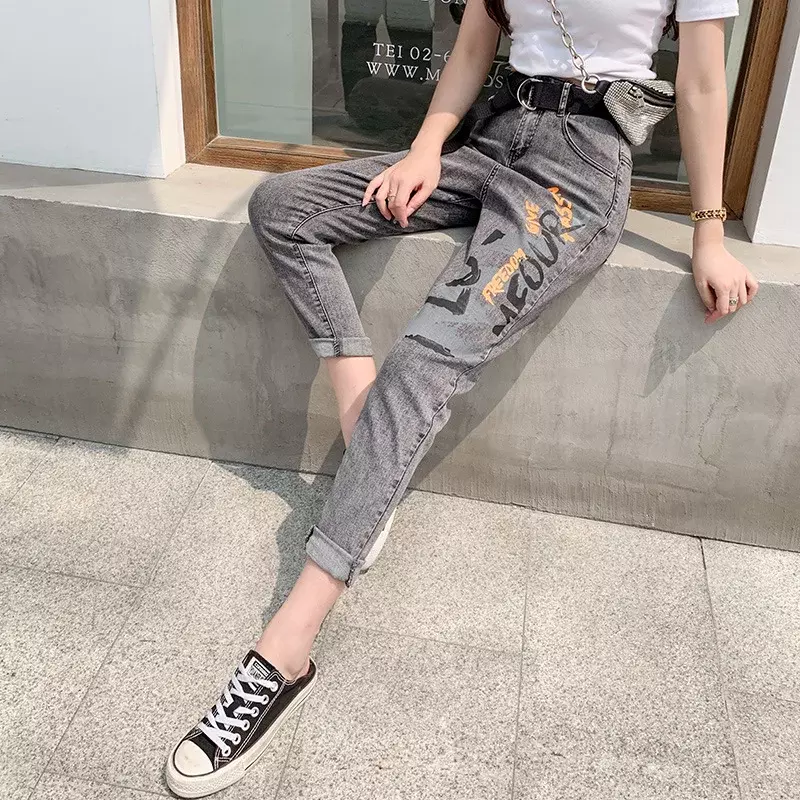 Free Belt Women Korean fashion  Letter Print Jeans Spring Autumn High Waist Slim Pencil Pants 2024 Woman Plus Size Grey Jeans