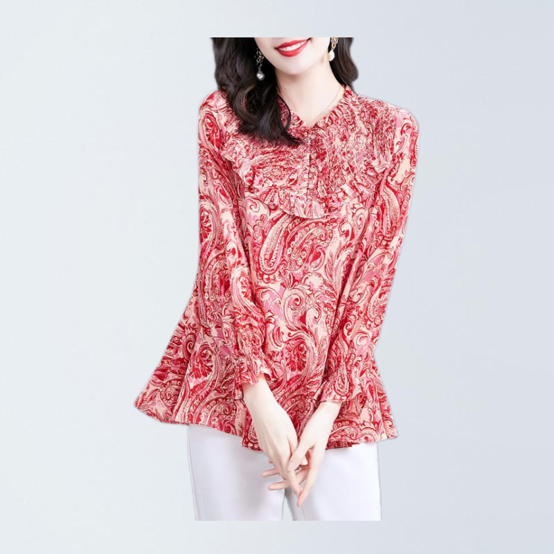 2024 damska wiosna jesień moda z długim rękawem szyfonowe koszule kobiet cienkie koszula z okrągłym dekoltem bluzki damskie luźne nadruki E798