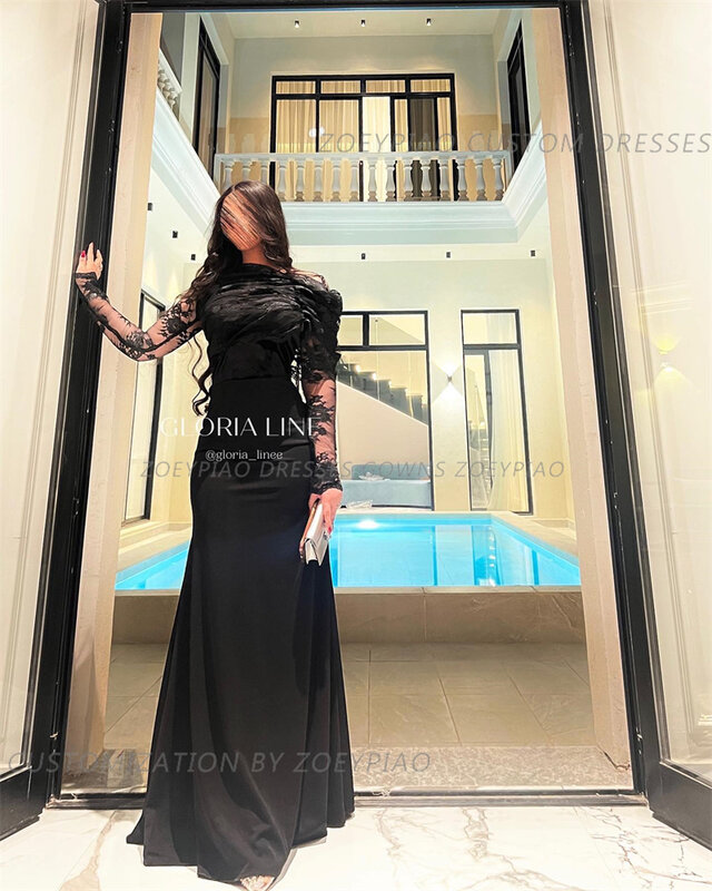 Charming Black Lace Mermaid Evening Dress Gowns Floor Length Beach Party Gown For Woman Full Sleeves Formal Arabic Pageant Dress