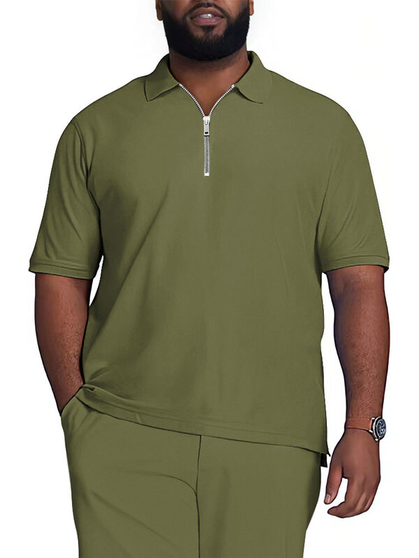 ผู้ชาย Plus-ขนาดฤดูร้อนแขนสั้นเสื้อโปโลสีทึบคอปกเสื้อซิปเสื้อโปโลผู้ชาย Casual Streetwear เสื้อชาย