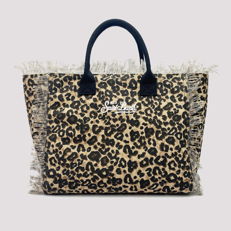 Новая женская сумка с леопардовым принтом, Женская Большая вместительная Холщовая Сумка с кисточками, женская летняя сумка через плечо на молнии