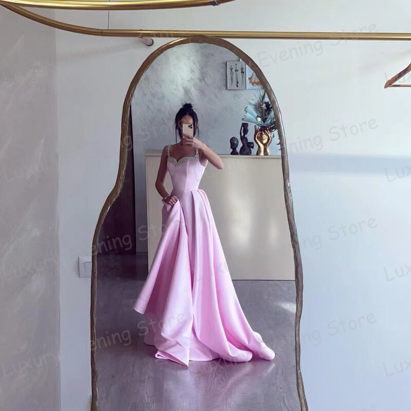 모던한 핑크 이브닝 드레스, 우아한 A 라인, 섹시한 민소매 플리츠 새틴, 격식 있는 무도회 가운, 2024