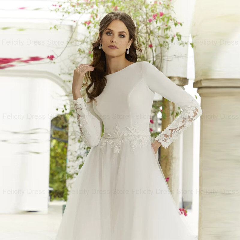 ANGEL-A-Line Lace Applique Vestidos de casamento formais para mulheres, vestidos de noiva com zíper, o-pescoço, tule clássico