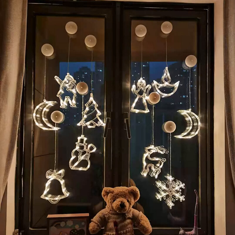 Succionador colgante de Navidad con luz LED, lámpara colgante de copo de nieve, Papá Noel, alce, adornos para ventana, decoración del hogar, Navidad, Año Nuevo