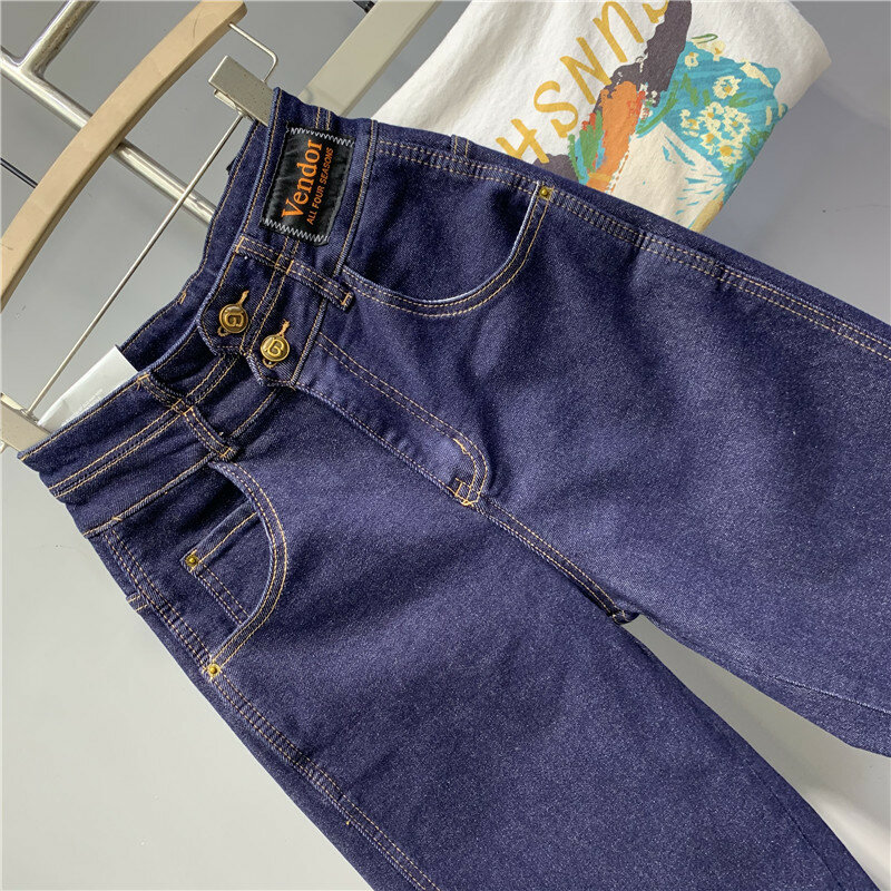 Calça jeans azul escuro de cintura alta feminina, reta Vintage na cintura do tornozelo, roupa de rua solta lavada e desgastada, calça harém, outono