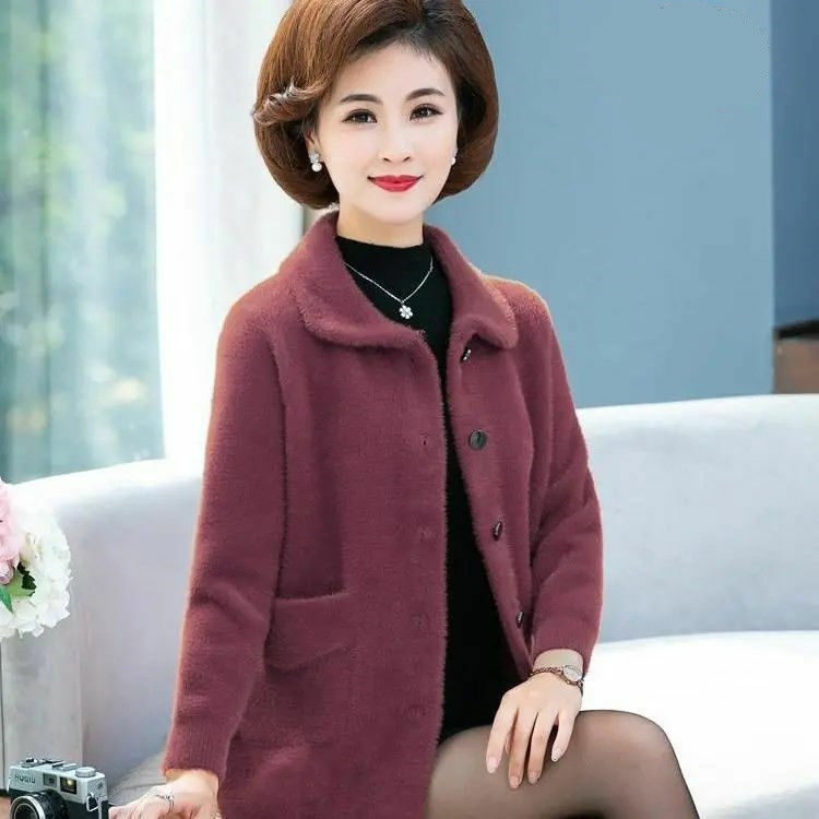 2023 Autumn Winter Faux Mink Long Sleeve Knitted Sweater Coat Female Turn Down Collar Button Solid Pockets Loose Women Y24