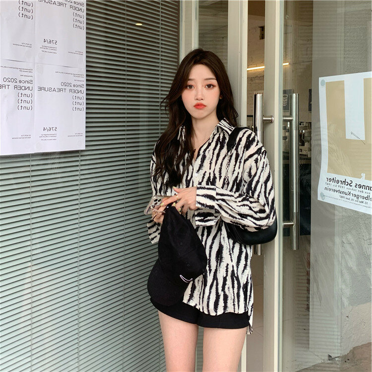 2023 Zebra Pattern Women's Blouses Long Sleeve Striped Single Breasted Office Lady Shirts Fashion Loose Printing Female Clothes