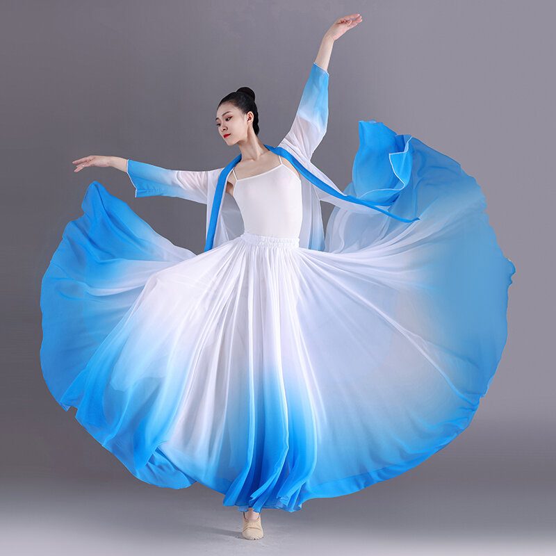 Dames Klassieke Dansrokken Oefenen Kostuum 720 Graden Gradiënt Gaas Chiffon Elegante Uitvoering Halve Jurk Chinese Stijl
