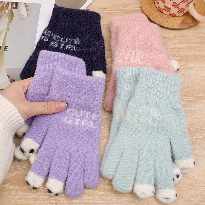 Warm Mink Gloves Women Cute Panda Fingertip Wool Touchscreen Gloves Girl Fluff Fingerless Windproof Outdoor Knitted Soft Mittens