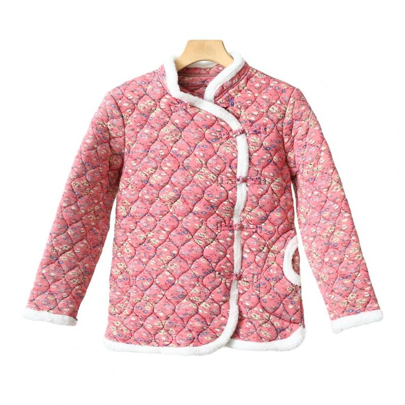 Jaqueta estampada floral de lã feminina, casaco de algodão, forro de lã quente, botão de nó gola V, outono