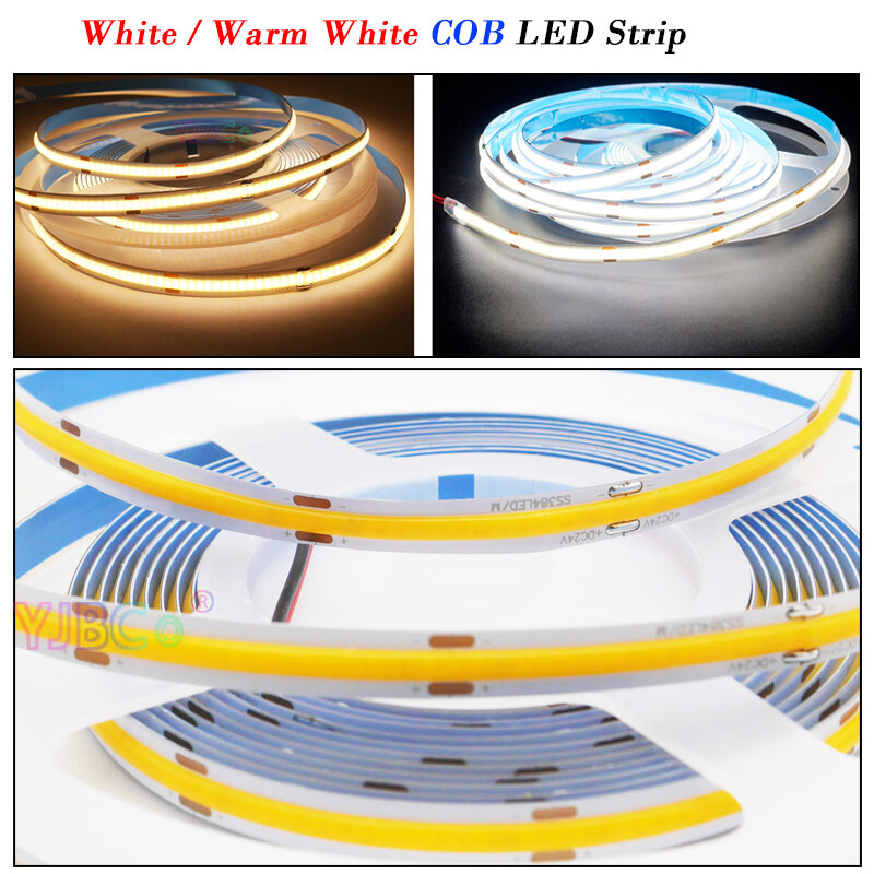 5m 12V 24V DC 384 LEDs/m Flexible COB LED Strip High Density 528 LEDs/m White/Warm White single color Linear FOB Light Tape 8mm