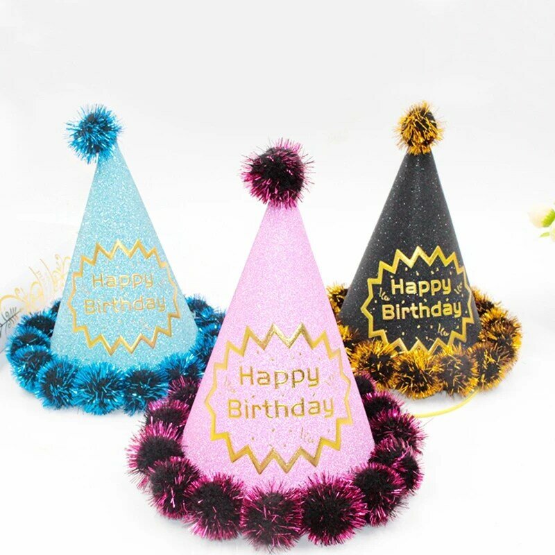 Конусные шляпы на день рождения с помпонами на эластичном шнуре, бумажные шляпы с короной на день рождения