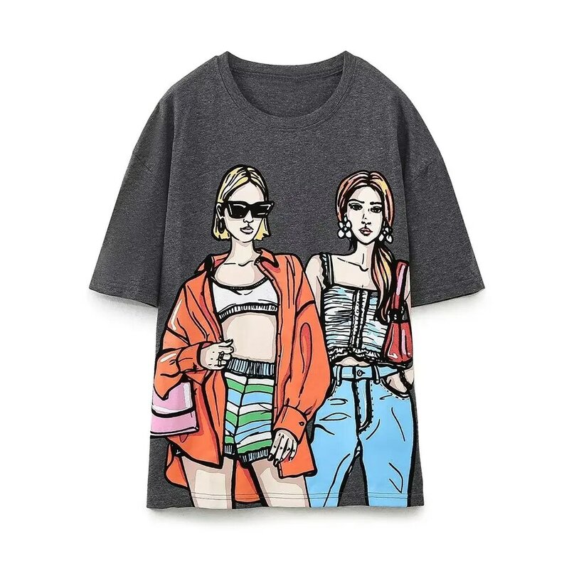 2023 New Fashion O Neck Pullover Short Sleeve T Shirt Women Printed washed Loose Cotton Tees Summer New Causal Lady Tshirt Tops