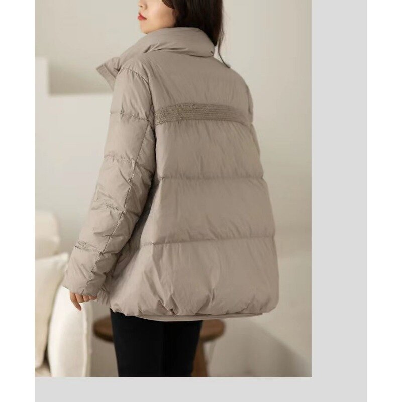 2023 nowy damski biała kurtka puchowa zimowy płaszcz damski pogrubiony luźne parki klasyczna, Retro spódnica płaszcz ze stójką