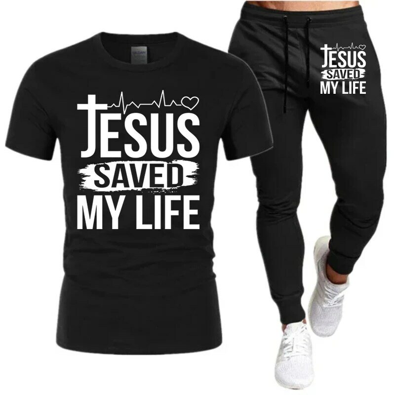 Jesus Save My Life Print Mens T-Shirt and Sweatpants Sets Short Sleeve Tees Tracksuits Outdoor Streetwears Male Sportwears Sets