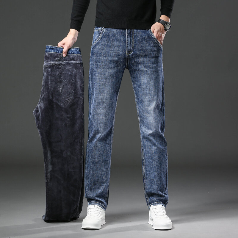 Calça jeans justa em lã masculina, calça jeans reta e quente, casual e de veludo grosso, retrô e elegante, nova marca, inverno