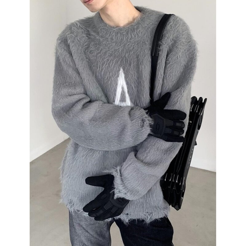 Autumn New Couple Niche Mohair Sweaters for Men Letters High Street Sweater High-end Round Neck Men's Winter Sweater Pullover