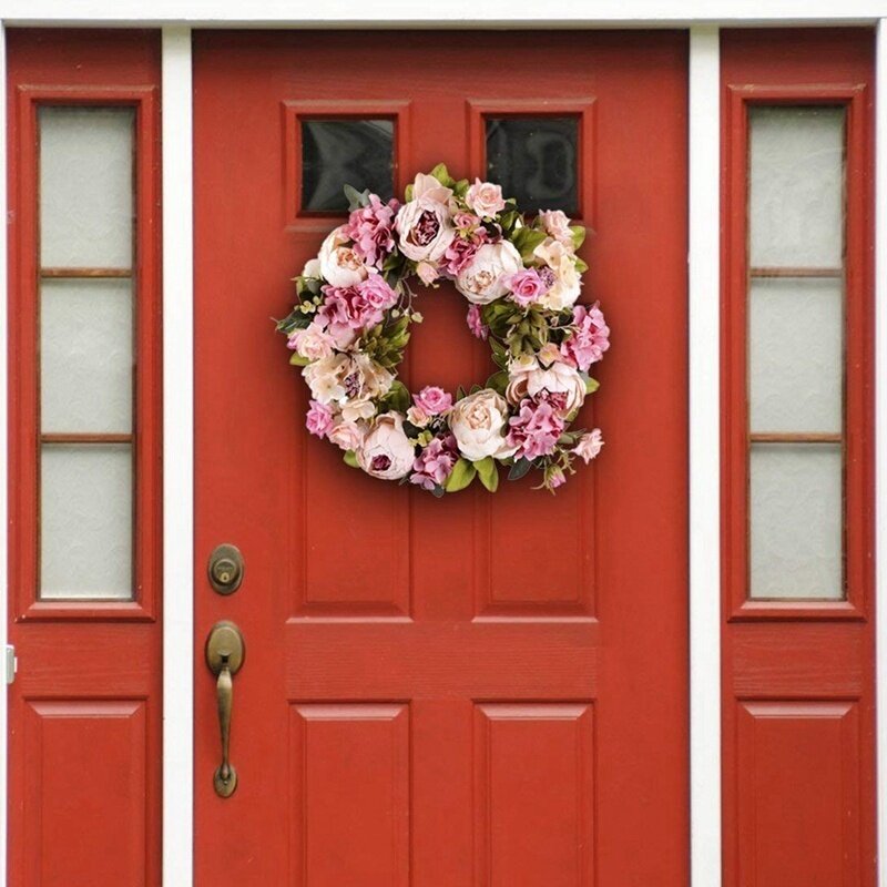 Karangan Bunga Buatan Karangan Bunga Peony-16 Inci Karangan Bunga Pintu Karangan Bunga Musim Semi Bulat untuk Pintu Depan, Pernikahan, Dekorasi Rumah