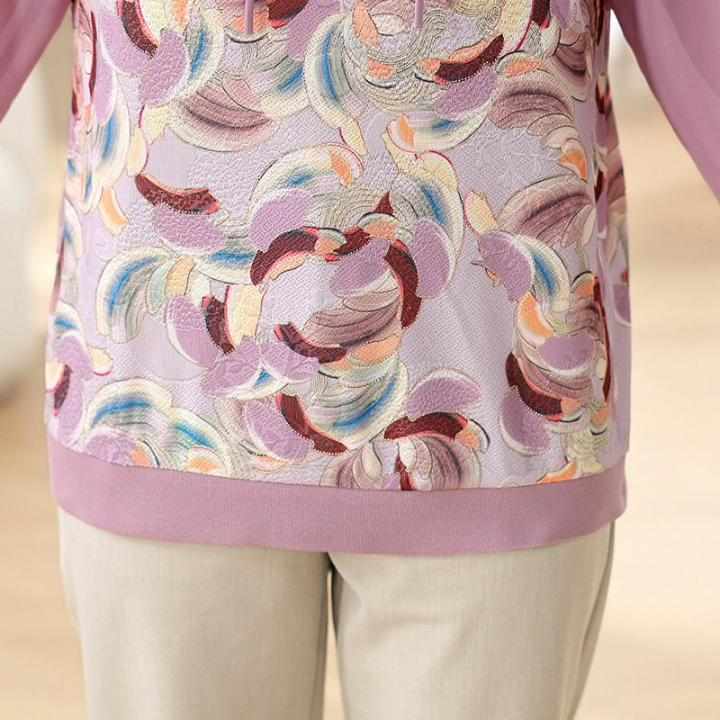 Wiosenne lato z okrągłym dekoltem damskie szyfonowy pulower patchworkowe lampiony trzy czwarte druk geometryczny t-shirt na co dzień