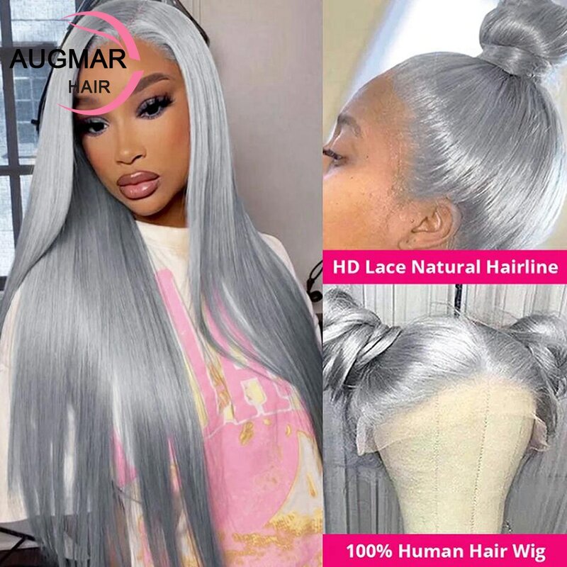Perruque Lace Front Wig naturelle lisse grise, cheveux humains, 13x6, 13x4, pre-plucked, HD, 360, pour femmes
