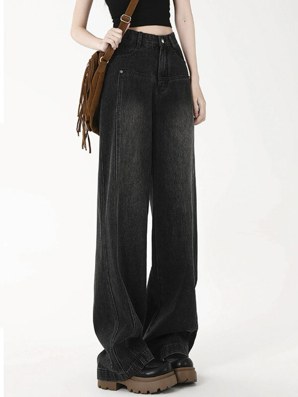 Pantalones vaqueros de cintura alta para mujer, ropa de calle Vintage, holgada, recta, de pierna ancha, estilo americano, a la moda