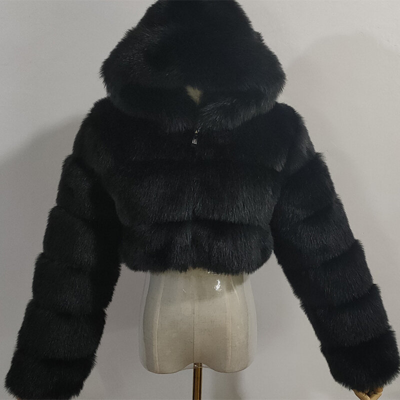 Mantel bulu hitam untuk wanita, jaket bulu tebal hangat musim dingin berbulu halus dengan tudung bulu rubah palsu bertudung atasan crop ritsleting mantel berbulu pendek