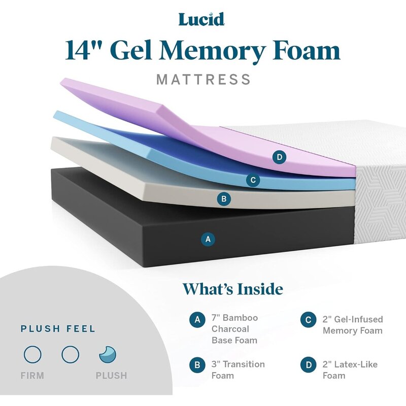 14 Inch Memory Foam Mattress - Plush Feel - Memory Foam Infused with Bamboo Charcoal and Gel