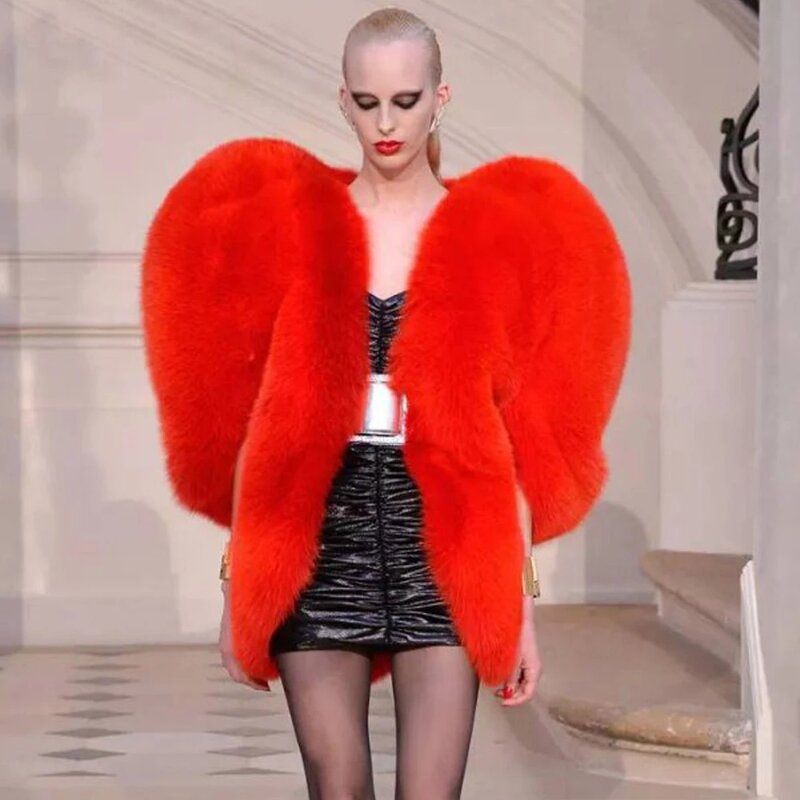 3D 레드 러브 하트 모양 케이프 인조 여우 모피 롱코트 재킷 여성용, 두껍고 따뜻한 연예인 스타일 겨울 겉옷