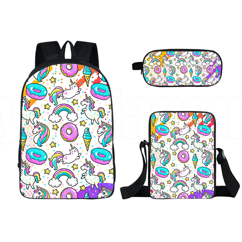 Cartoon arco-íris rosa Unicórnio Mochila, 3D Print School Student Bookbag, mochila para laptop, bolsa de ombro, estojo, novidade, 3pcs por conjunto