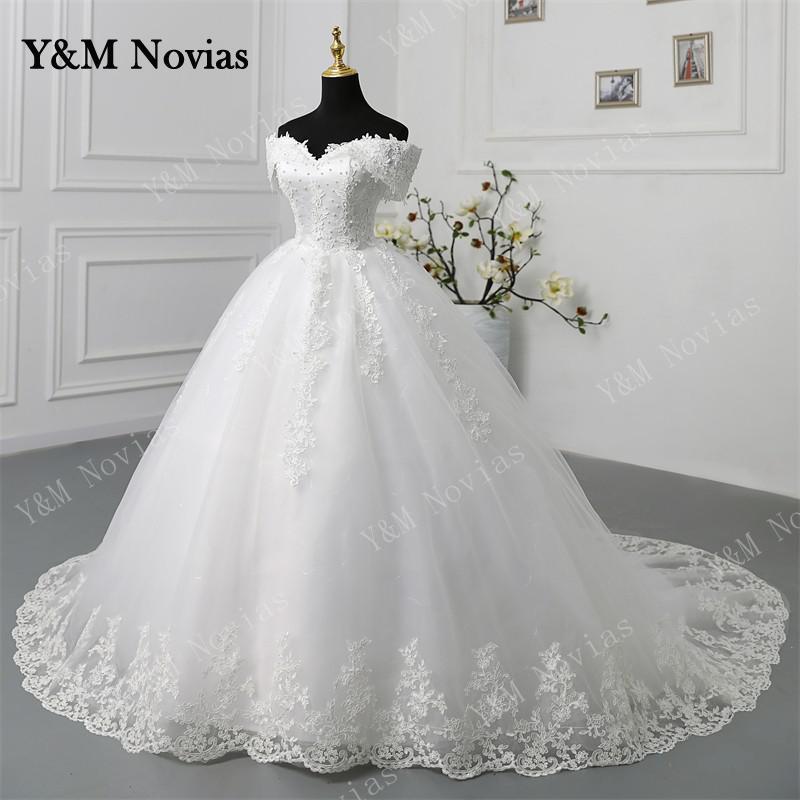 Y & M Novias Off Shoulder Plus rozmiar Vestido De Noiva 2023 suknia ślubna długi pociąg lub podłoga aplikacje perły Bridal Tulle Mariage
