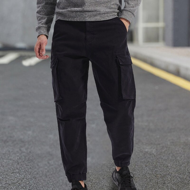 Men'S Solid Color Multi-Pocket Waist Zipper Overalls Ankle Length Trousers Black Harajuku Casual Pocket Unisex Wear 2024 Summer