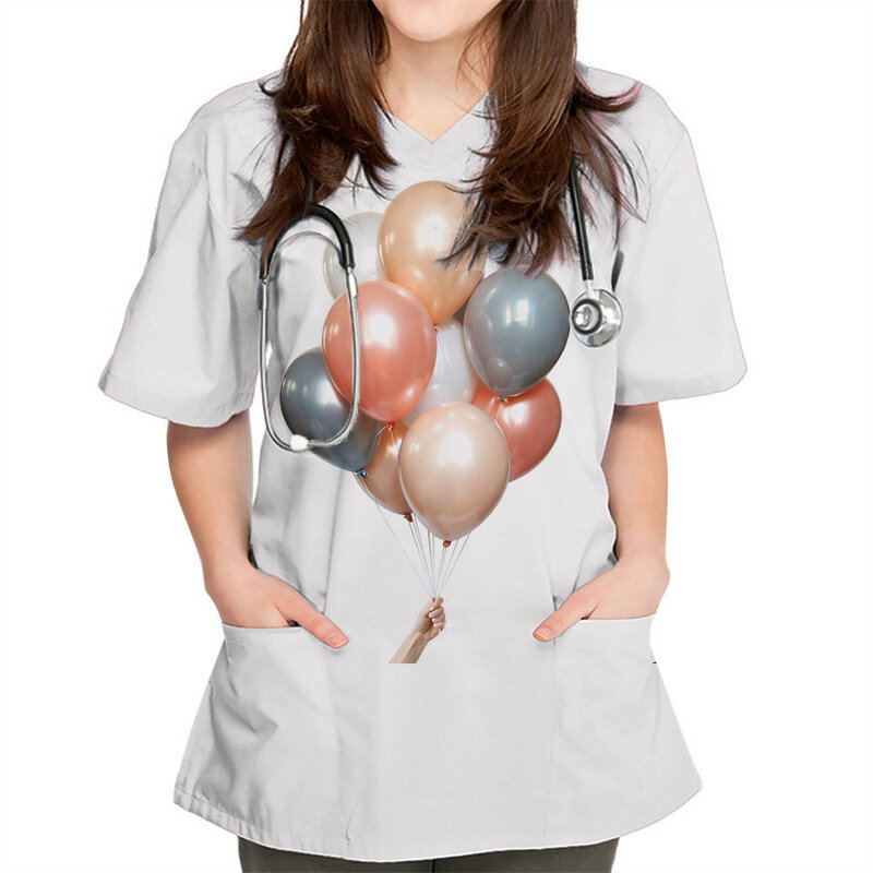 New Balloon Print Nurses Uniform Short Sleeve V-neck Tops Working Uniform Printing Pocket Blouse Tops Pet Grooming Uniforms
