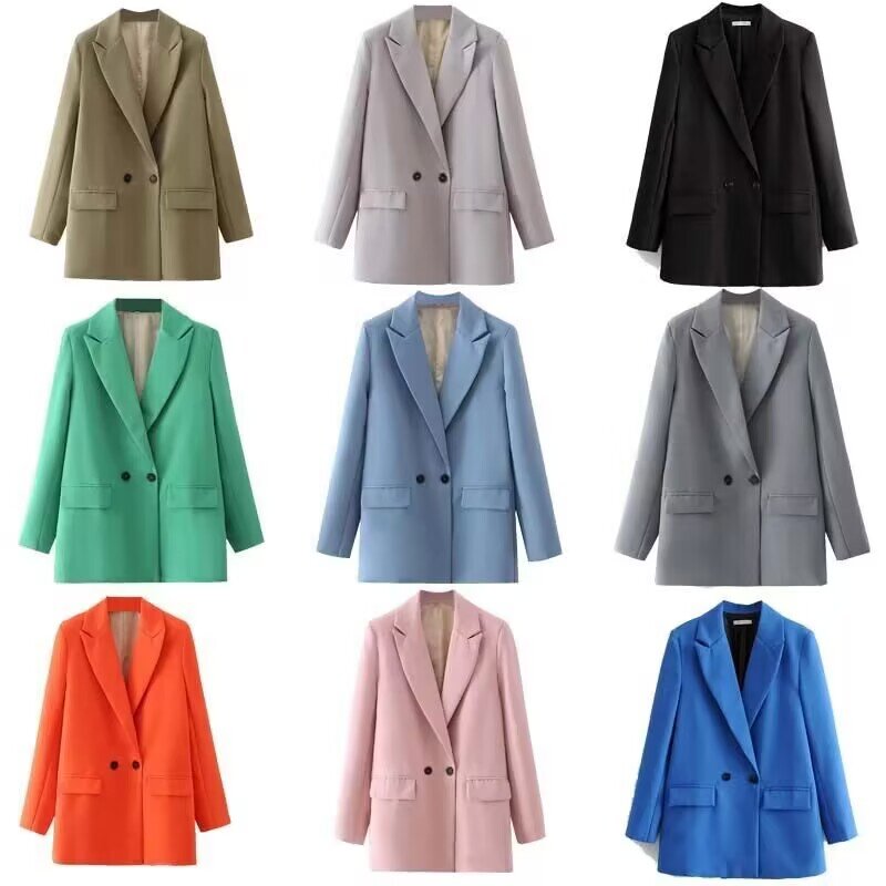 Frauen neue Mode mehrfarbige Zweireiher Blazer Mantel Vintage Langarm Taschen weibliche Oberbekleidung Chic