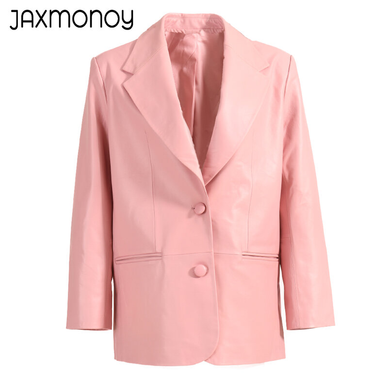 Jaxmonoy-Chaqueta de cuero auténtico para mujer, abrigo de traje de piel de oveja de un solo pecho, abrigo genuino para mujer, Primavera, 2023