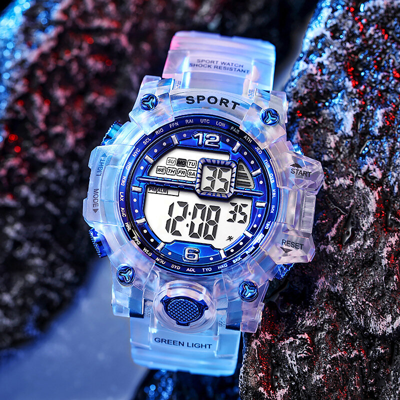 YIKAZE 남성용 디지털 시계, 야외 스포츠 방수 손목시계, 투명 스트랩, 밀리터리 크로노그래프, LED 디스플레이 손목시계