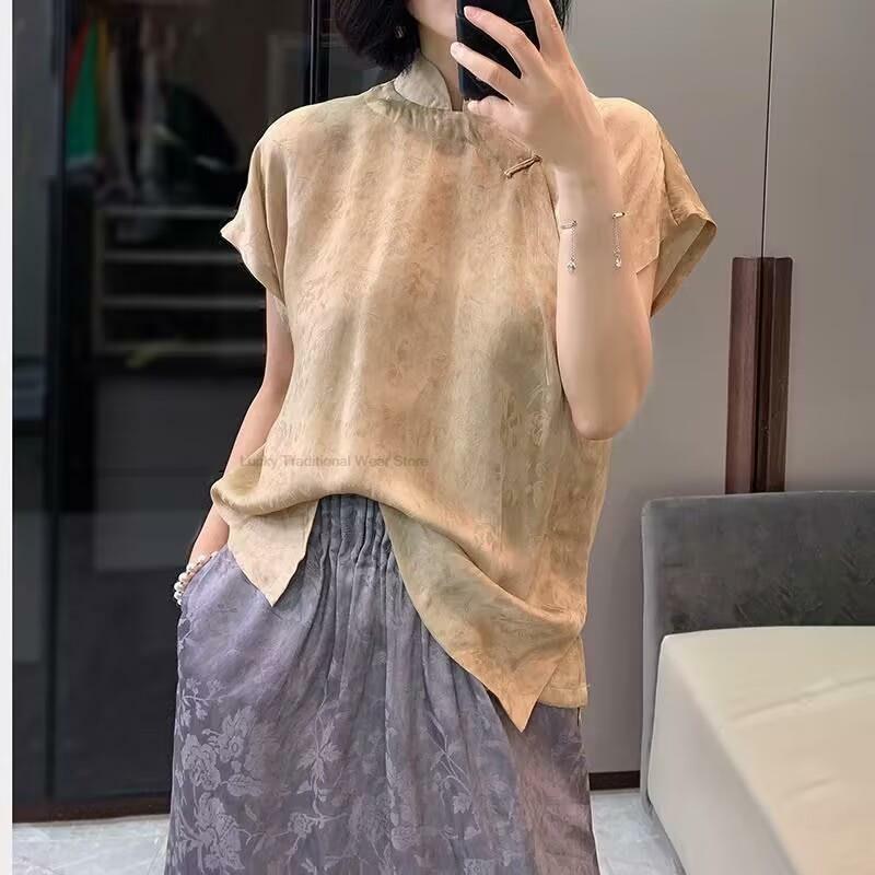 Gaya Cina Linen Jacquard Qipao kerah sampanye warna elegan lengan pendek blus untuk wanita sehari-hari Tangsuits Top