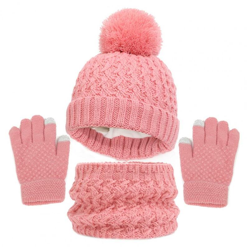 Warm Hat Scarf Gloves Set Cozy Winter Kids' Plush Ball Knit Beanie Hat Fleece Lined Scarf Thick Gloves Set Warm for Girls