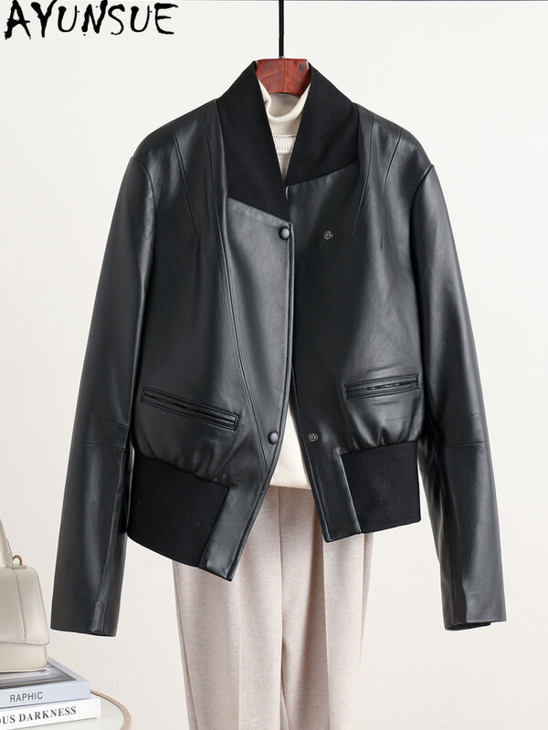 AYUNSUE jaket kulit asli wanita 2023 mode mantel kulit domba asli jaket kulit ramping pendek kerah V Jaqueta Couro Feminina
